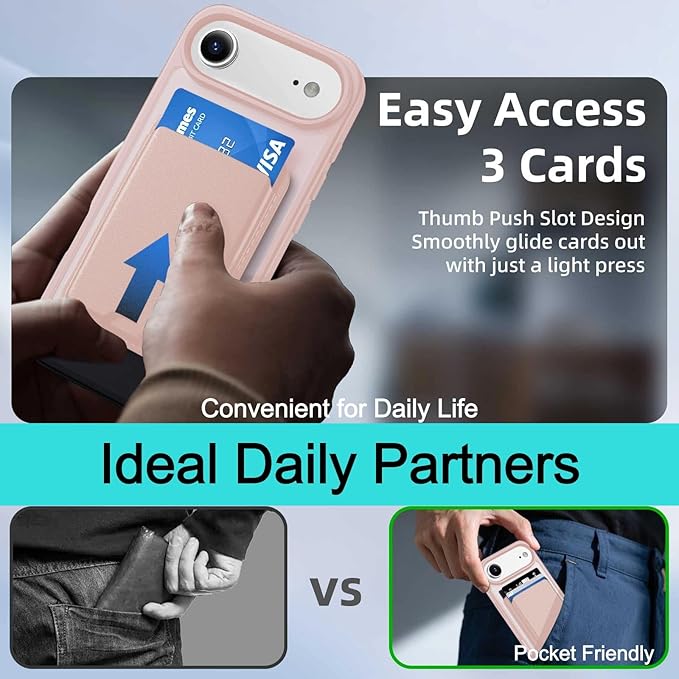Magnetic for iPhone Air Case & iPhone 17 Air Case with Detachable Wallet, Compatible with MagSafe, Military Protective Slim Phone Cover with Card Holder, Pink
