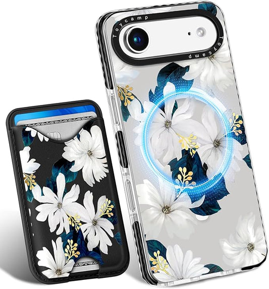 Toycamp for iPhone 17 Air Case - Compatible with Magsafe Credit Card Holder Wallet Magnetic Cute Women Teen Girls Kawaii Girly Unique White Flower Design Phone Cover for Apple 17 Air