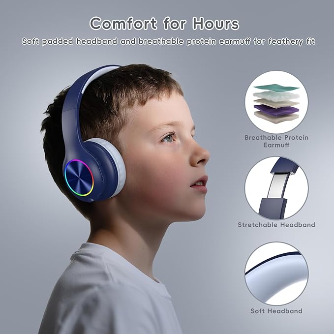 Kids Bluetooth 6.0 Headphones with LED Light, 85Hours Playtimes, Type-C Fast Charging, 85/94dB Volume Limited, Comfort Wireless Headphones with Built-in Mic, Wired & TF Card Mode, Navy Blue