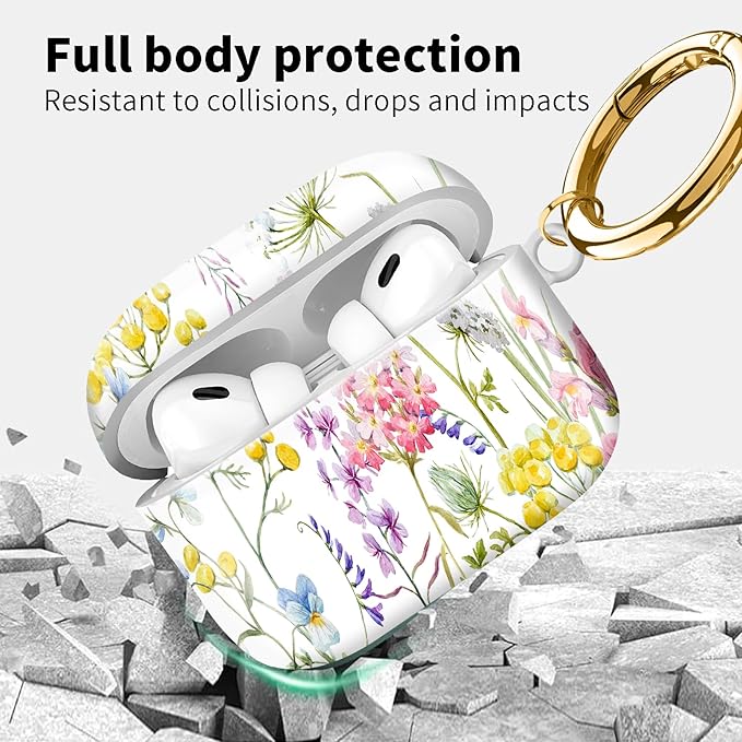 Compatible with Airpod pro 2nd/1st Generation Case Cover with Gold Round Keychain Cute Pattern Hard & Anti Slip Cover for Men Women & Girls（Nice Flowers）