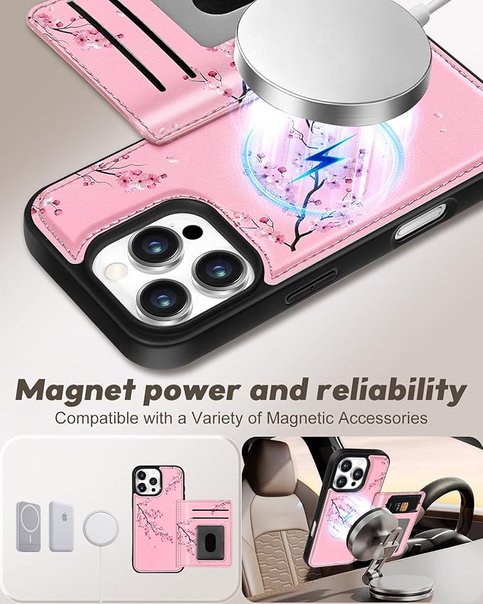 for iPhone 16 Pro Case with Wallet - Fits 4 Card Slots, Compatible with MagSafe for Women Aesthetic Durable PU Leather Credit Card Holder Kickstand Phone Cover for Apple 16 Pro, Peach Blossom