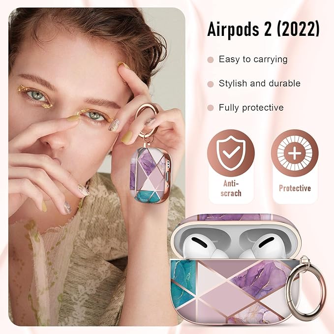 Maxjoy for AirPods Pro Case, Graceful Marble Hard Protective Shockproof AirPod Case Cover with Keychain, Purple Blue