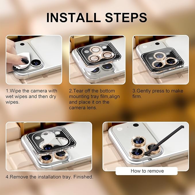 Misea Compatible for iPhone 17 Pro/iPhone 17 Pro Max Camera Lens Protector Bling, 9H Tempered Glass Camera Cover Screen Protector Metal Individual Ring Decoration Accessories, Gold Glitter