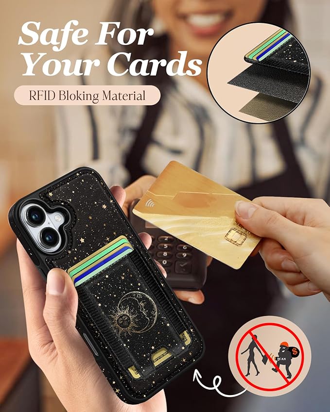 Shorogyt for iPhone 16 Wallet Case - Fits 5 Cards, Compatible with Magsafe Detachable Magnetic Credit Card Holder Leather Cardholder Cute Phone Cover Women Girls for Apple 16, Sun Moon