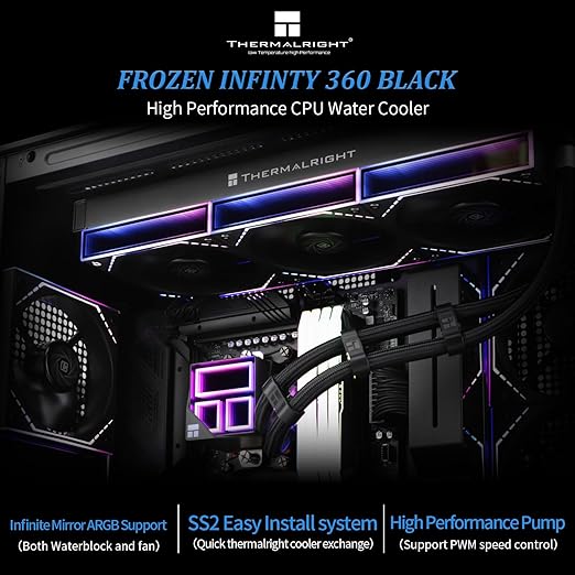 Thermalright Frozen Infinity 360 BLACK CPU Water Cooler, with Triple 124mm Infinity Mirror PWM Fans,for Intel 1150/1151/1200/2011/ 1700/1851&AMD/AM4/AM5,360 Size Infinity Mirror Water Cooling Radiator