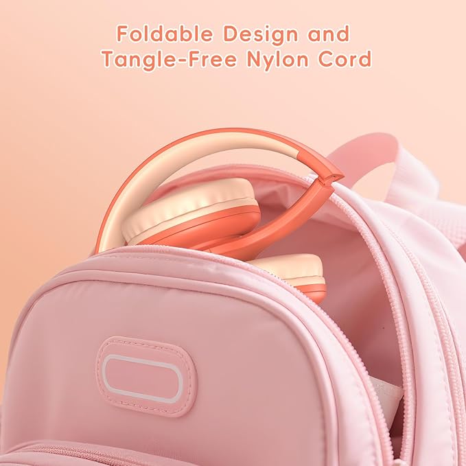 Kids Bluetooth 6.0 Headphones with LED Light, 85Hours Playtimes, Type-C Fast Charging, 85/94dB Volume Limited, Wireless Headphones with Built-in Mic, Wired & TF Card Mode, Pink and Orange
