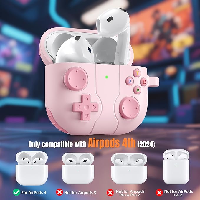 for AirPods 4 2024 Case Cover with Cleaner Kit, Keychain, Compatible with Apple Airpods 4 Case Cover, Cute Funny Game Console Shock-Proof Protective Silicone AirPod 4 Case Covers for Women Girl-Pink