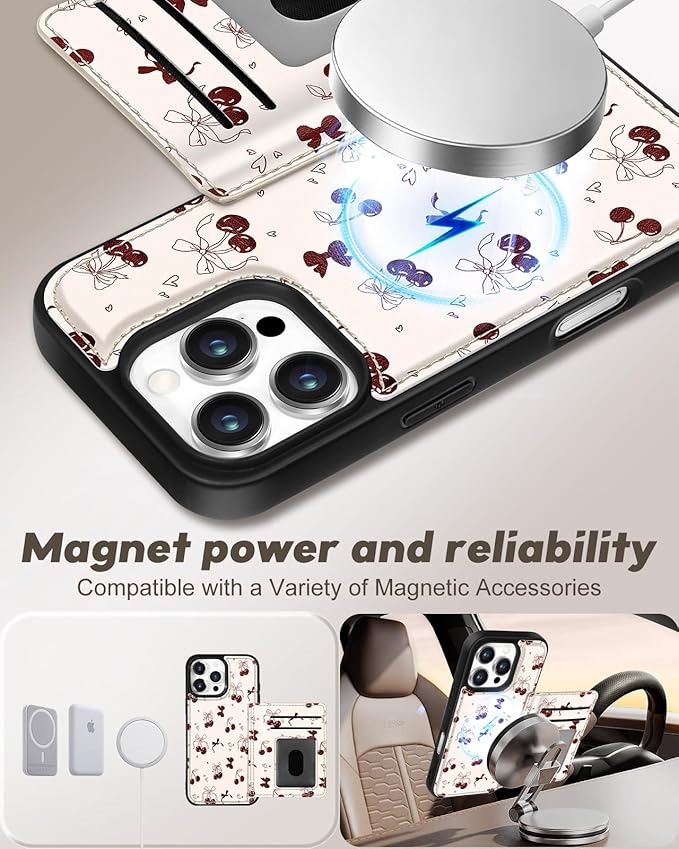 for iPhone 16 Pro Max Case with Wallet - Fits 4 Card Slots, Compatible with MagSafe for Women Aesthetic PU Leather Credit Card Holder Kickstand Phone Cover for Apple 16 Promax, Bow Cherry