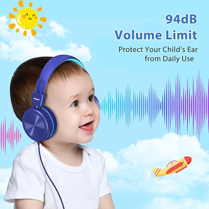 USB Type C Kids Headphones for School, 94dB Volume Limited, Kids Headphones with USB C Cord, HD Stereo Sound, Foldable Lightweight On-Ear USB-C Wired Headphones for Boys/Girls, Dark Blue