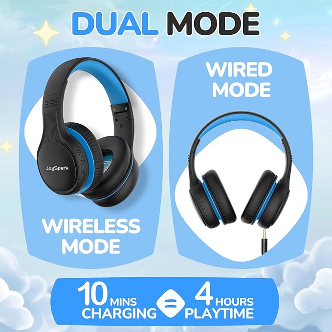 Kids Bluetooth Headphones, 60 Hours Playtime, Bluetooth 5.4 Kids Headphones Wireless, Type-C Fast Charging, 85/94dB Volume Limited, Foldable Toddler Wireless Headsets with Mic-Black Blue