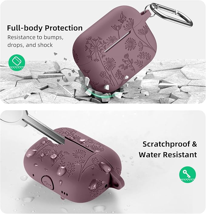Lerobo Flower Engraved Cover Compatible with Airpods Pro 2 Case USB C, Cute Silicone Skin Cover Full Protective Case for Apple AirPod Pro, Front LED Visible, Smokey Mauve