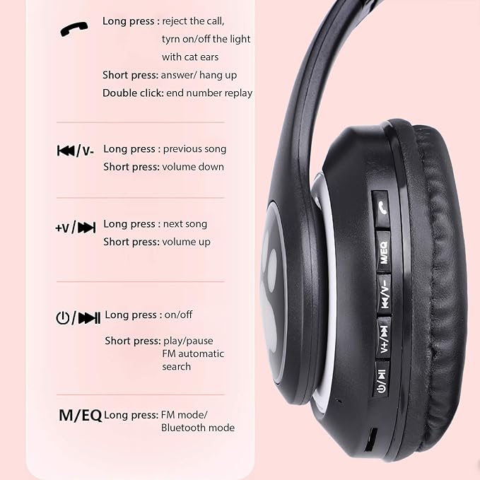 TCJJ Bluetooth 6.0 Cat Ear Kids Headphones for Girls, LED Light Up, 85dB Safe Volume Limit, Stereo Sound Toddler Foldable Wireless & 3.5mm Wired Headset with Mic for School, Tablet, Travel
