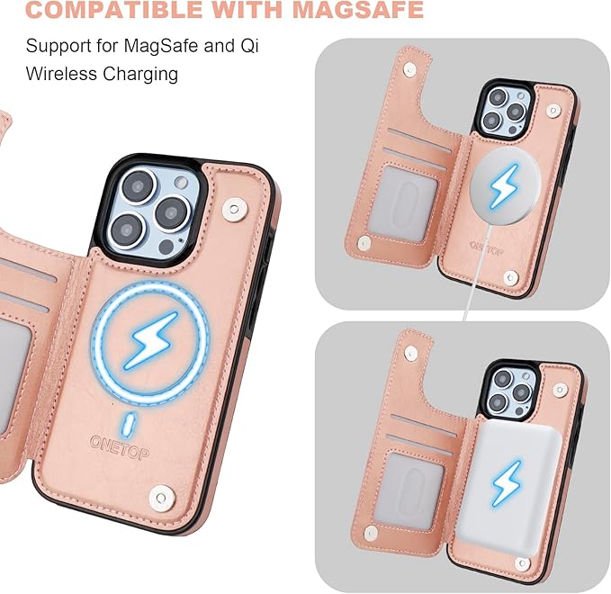 ONETOP Compatible with Magsafe for iPhone 13 Pro Wallet Case with Card Holder, PU Leather Kickstand RFID Blocking Case, Double Magnetic Clasp and Durable Shockproof Cover 6.1 Inch (Rose Gold)