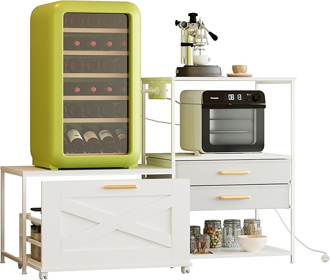 Mini Fridge Stand with Storage, Farmhouse Fridge Cabinet with Power Outlet & Movable Drawers, Microwave Oven Stand with Wheels, Kitchen Bakers Rack for Home Bar Office, White