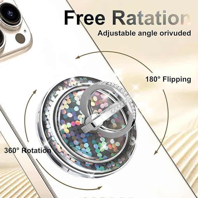 Transparent Magnetic Phone Grip Compatible with MagSafe Phone Ring Holder,360°Adjustable & Removable Silver Purple Dot Diamond Laser Design Magnet Stand for Phones and Tablets