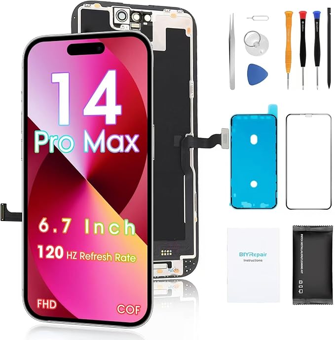 for iPhone 14 Pro Max Screen Replacement 6.7', 3D Touch Display Full Repair kit, Digitizer Glass Assembly with Tools Set, Tempered Glass, Instruction