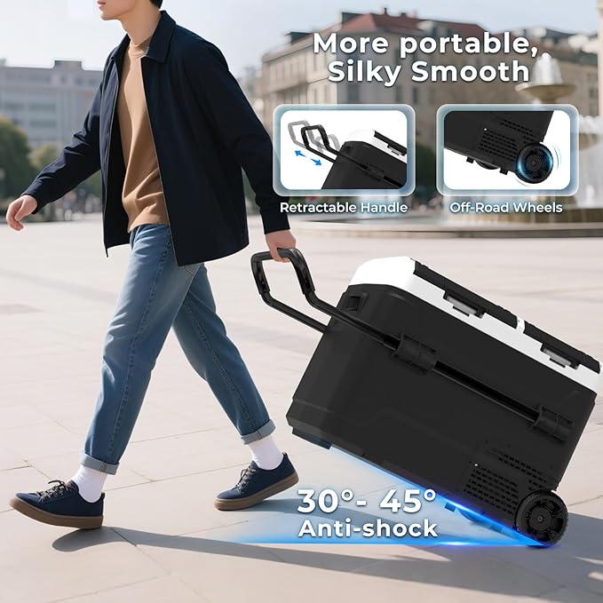 AS 12 Volt Refrigerator, 42QT(40L) Dual Temperature Zone Electric Cooler with Wheels, Portable Freezer 12V/24V DC 110-240V AC, -4℉-68℉ Car Fridge for Car, Marine, Home, Outdoor, etc