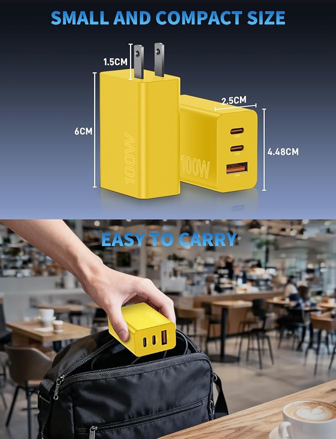 2Pack 100W USB C Charger Block, 3Port Fast Charging Adapter, Type C Fast Charging Blocks Cube PD USBC Wall Plug+QC3.0 USB A Charger Brick for MacBook Pro/Air,iPad,iPhone 17/16,Samsung S25 &More-Yellow
