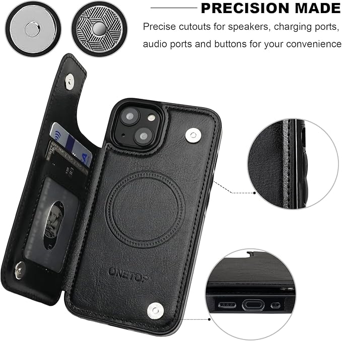 ONETOP Compatible with Magsafe for iPhone 13 Mini Wallet Case with Card Holder, PU Leather Kickstand RFID Blocking Case, Double Magnetic Clasp and Durable Shockproof Cover 5.4 Inch (Black)