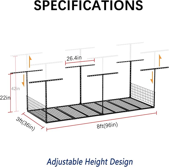 3 x 8FT Overhead Garage Storage Rack,Adjustable Ceiling Storage Racks,Garage Shelving Heavy Duty Storage Organizer System With Sidebar,Load 600LBS Weight