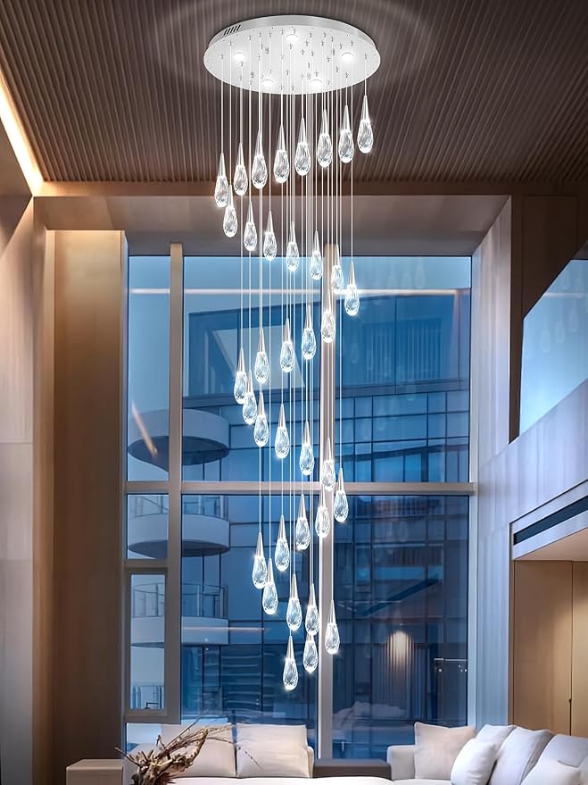 H 177" Moderm Extra Large Chandelier 36-Lights Foyer Chandelier for High Ceiling Crystal Pendant Light Fixture Raindrop Chandeliers for Staircase Villa Living Room (Silver