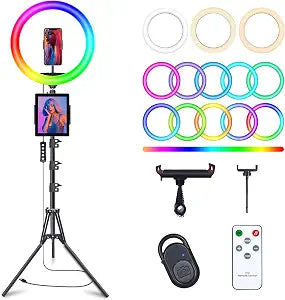 10" Selfie Ring Light with 73" Tripod Stand & 1 Phone Holder, LED Camera Ringlight with 48 RGB Colors Modes & Musical Rhythm Mode and 12 Brightness Dimmable for TikTok/Makeup/Photography/Vlog