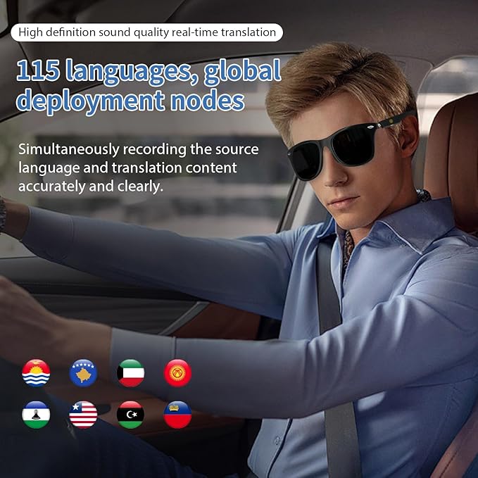 AI Translator Smart Glasses for Women Men, Bluetooth Audio Sunglasses with UV400 Polarized Lenses, Photo Translation, No Subscription，Real-Time Translation(160+Languages) for Travel Business (Black)