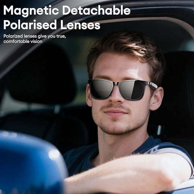 Smart Glasses with Magnetic Detachable Polarised Lenses, Bluetooth 6.0 Sunglasses, Polarized UV Protection, Stylish Bluetooth Glasses for Men & Women, Outdoor Travel Beach City Life, MG-C08 Black