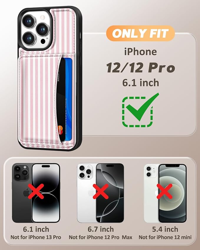 for iPhone 12/12 Pro Case with Wallet - Fits 4 Card Slots, Compatible with MagSafe for Women Aesthetic Durable PU Leather Credit Card Holder Kickstand Phone Cover for Apple 12/12 Pro, Stripe