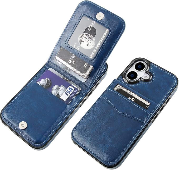 KIHUWEY Compatible with iPhone 17 Case Wallet with Credit Card Holder, Flip Premium Leather Magnetic Clasp Kickstand Heavy Duty Protective Cover for iPhone 17 6.3 Inch (Blue)