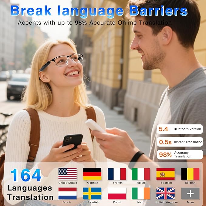 Ai Translation Smart Glasses with Chat GPT & Deepspeek Bluetooth Glasses for Men Women with 164+ Language & Accents, Translation Glasses Color-Change Lens, Open Ear Lighweight Eyeware