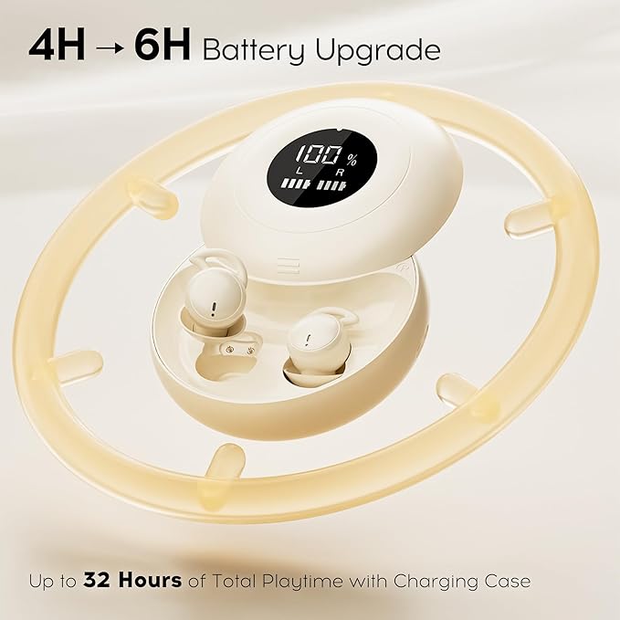 sunvito Sleep Earbuds Bluetooth 6.0, Mini Invisible Silicone Sleep Earbuds for Side Sleepers, Noise Blocking Sleeping Headphones, Hidden Earbuds with LED Display for Small Ears, Sleep & Relax (Beige)
