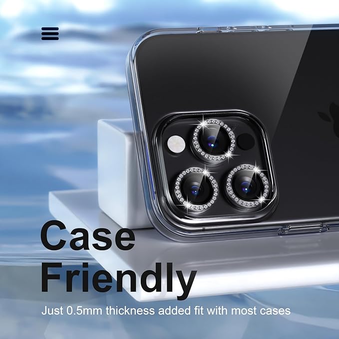 Misea Compatible for iPhone 15 Pro/iPhone 15 Pro Max Camera Lens Protector Bling, 9H Tempered Glass Camera Cover Screen Protector Metal Individual Ring Protector Decoration Accessories, Black Diamond