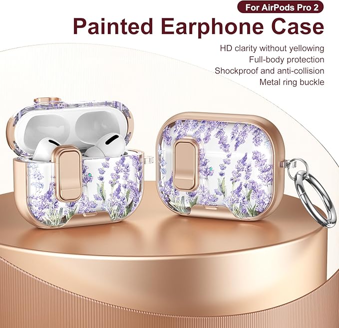Case Compatible with AirPods Pro/Pro2,Elegant Lavender Pattern Cover for AirPods Pro 2nd/1st Gen with Built-in Phone Stand, One-Click Secure Lock & Carabiner,Wireless Charging, Gift for Girls Women