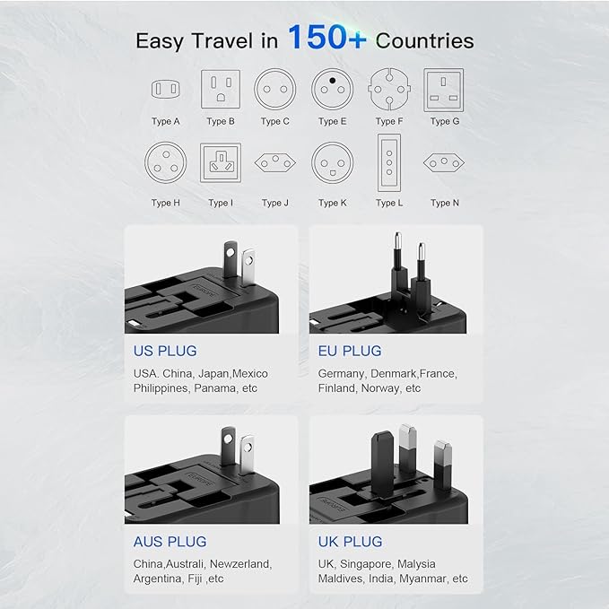 Universal Travel Adapter with USB C, International Power Plug Adapter All in One Worldwide Travel Adapter Power Converters Wall Charger AC Power Plug Adapter USB Type C Charger for USA EU UK AUS