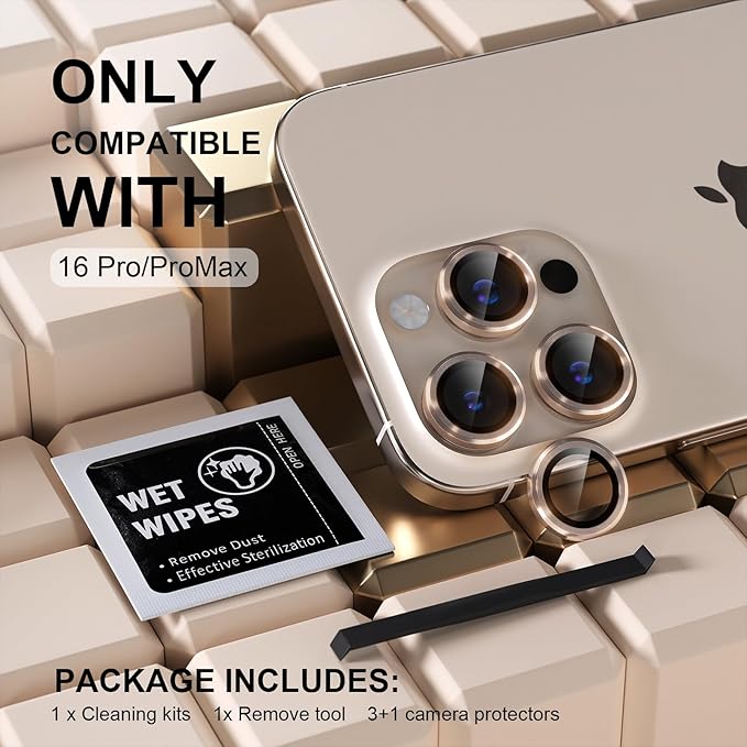 Misea Compatible for iPhone 16 Pro/iPhone 16 Pro Max Camera Lens Protector, Ultra-HD Tempered Glass Camera Cover Screen Protector Metal Individual Ring Protector Accessories, Desert Titanium