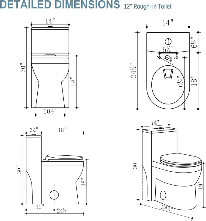 19 Inch Compact Modern Tall Toilet for Seniors,Tornado Flush One Piece ADA High Skirt Toilet for Small Bathroom Space, Dual Flush 1.0/1.28 GPF, Comfort Bowl Heigh 18 Inch,12" Rough-in, White