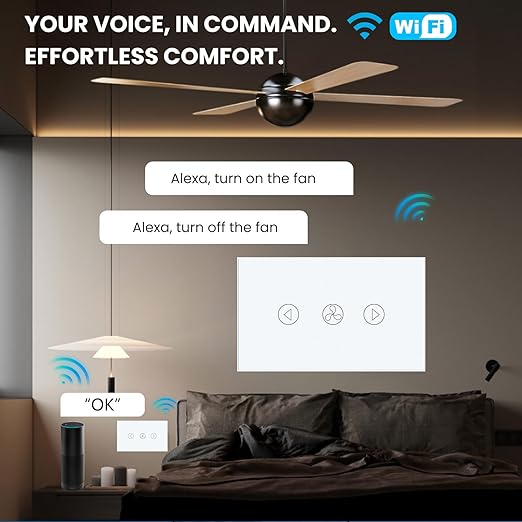 Smart Fan Switch Neutral Wire Required, 2.4GHz WiFi Dimmer Light Switch with Remote Voice Control, Tempered Glass Panel, Compatible with Alexa and Google Home, White WiFi Fan