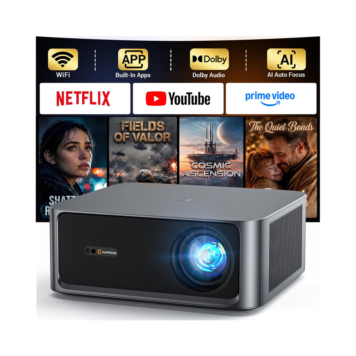 HAPPRUN 3000 ANSI Lumens Outdoor Projector with Built-in Apps, Smart OS