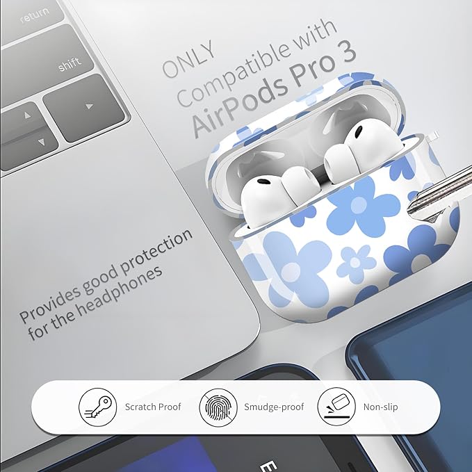 AirPod Pro 3 (2025) Case Cover for Women, Cute Shockproof TPU Protective Case with Gold Round Buckle, Anti-Drop Design Flower Blue