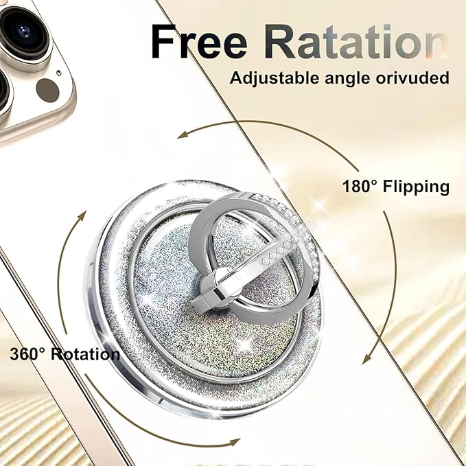 Transparent Magnetic Phone Grip Compatible with MagSafe Phone Ring Holder,360°Adjustable & Removable Silver Glitter Diamond Laser Design Magnet Stand for Phones and Tablets