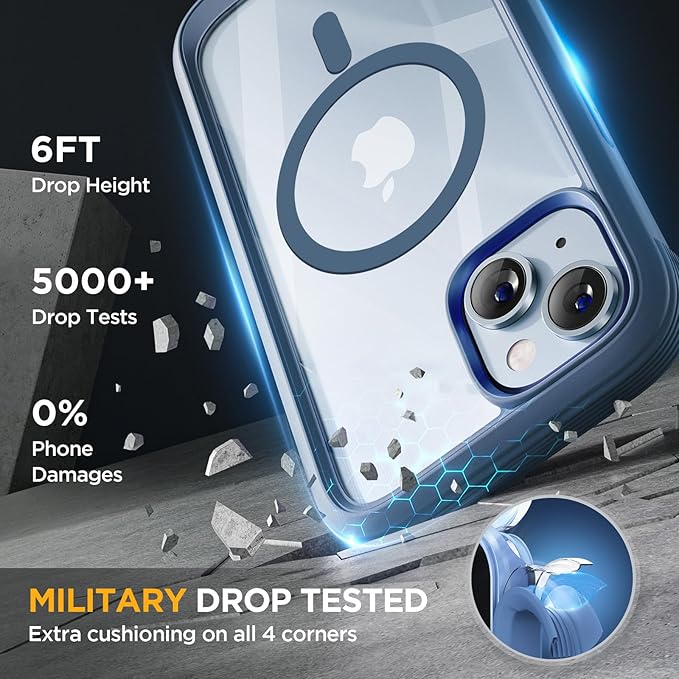 Miracase Magnetic for iPhone 14 Case 6.1'', [Bubble Free] Full-Body Bumper Phone case with Built-in Full Glass Screen &Lens Protector,No Gap,Compatible with MagSafe,Drop Proof 14 Cover,Storm Blue
