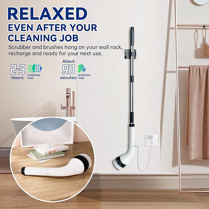 Electric Spin Scrubber,Cordless Bathroom Cleaning Brush with Replaceable Heads & Adjustable Extension Long Handle,Dual Speeds Power Shower Scrubber for Tile,Bathtub,Floor,Kitchen (White)