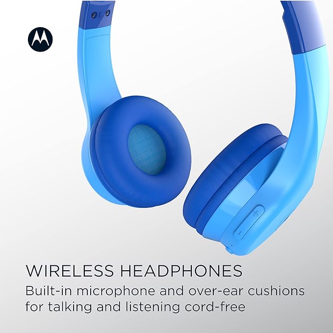 Motorola Sound JR300 Bluetooth Wireless Toddler Headphones with Microphone - Over Ear Kids Bluetooth Headphones with Safe Volume Limit 85dB, Audio Splitter for School, Home - Blue