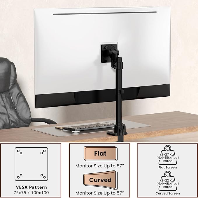 Monitor-Arm Ultrawide Heavy Duty 24-57'' - Aluminum Single Monitor Mount Holds up to 59.4lbs, Adjustable Desk Mount Stand, Black