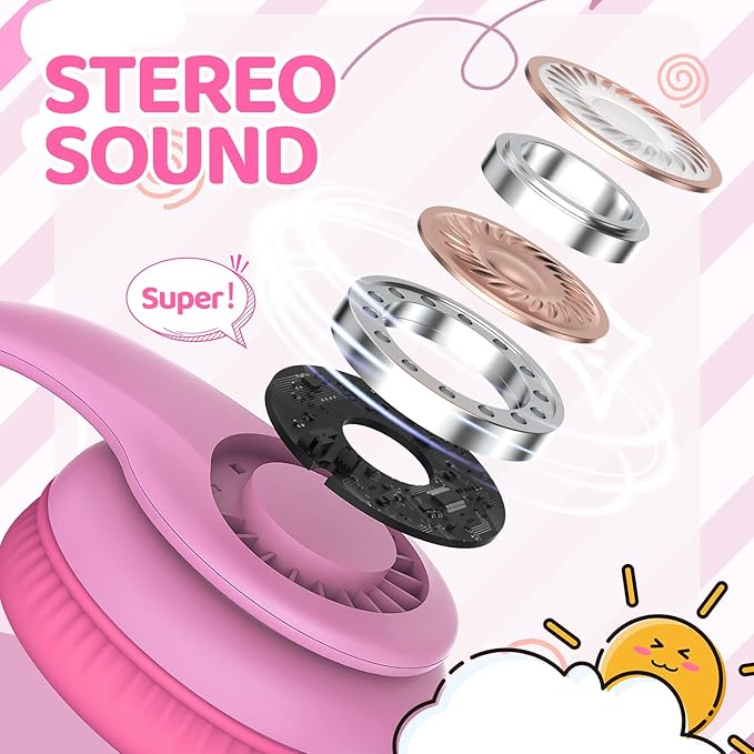 Wired Headphones for Kids, 85dB Volume Limit, 3.5mm Kids Headphones with Cord, Adjustable, Stereo Sound Foldable Toddler headsets for School-Pink
