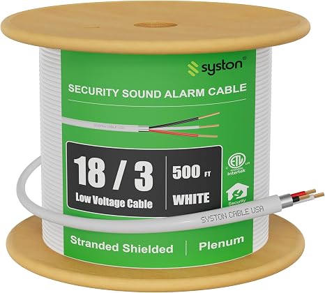 Syston Cable Technology 18/3 Low Voltage Security Sound Alarm Cable 500 ft 18 AWG 3 Conductors Stranded Copper Shielded Plenum Rated CMP CL3P FPLP FT6 UV Resistant