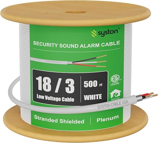 Syston Cable Technology 18/3 Low Voltage Security Sound Alarm Cable 500 ft 18 AWG 3 Conductors Stranded Copper Shielded Plenum Rated CMP CL3P FPLP FT6 UV Resistant