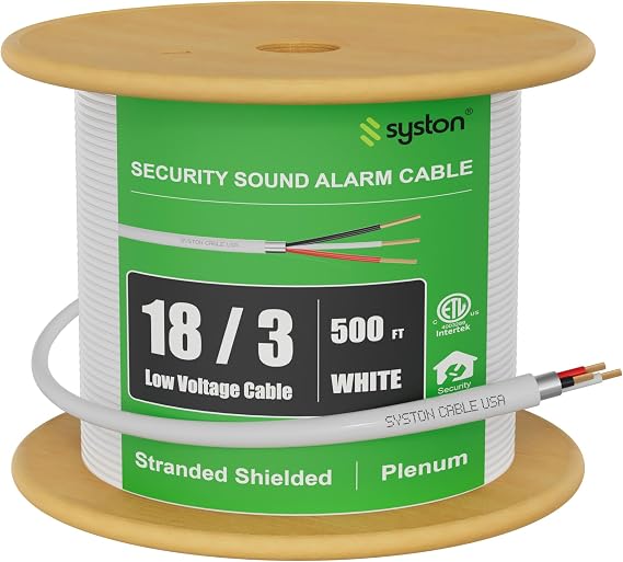 Syston Cable Technology 18/3 Low Voltage Security Sound Alarm Cable 500 ft 18 AWG 3 Conductors Stranded Copper Shielded Plenum Rated CMP CL3P FPLP FT6 UV Resistant