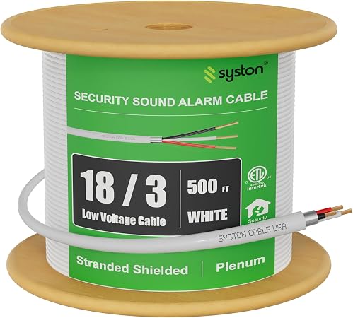Syston Cable Technology 18/3 Low Voltage Security Sound Alarm Cable 500 ft 18 AWG 3 Conductors Stranded Copper Shielded Plenum Rated CMP CL3P FPLP FT6 UV Resistant